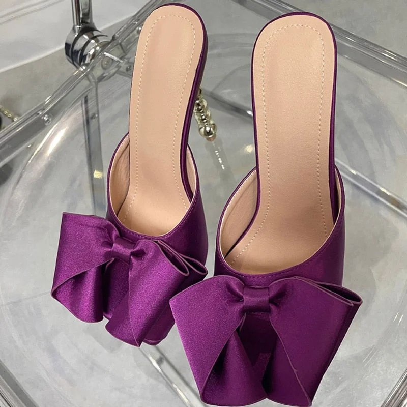 2022 New Purple Silk Butterfly-Knot Women Sexy Slippers Fashion Strange High Heels Sandals Square Toe Mules Slides Party Shoes