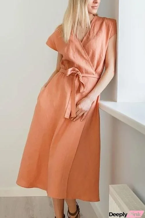 Solid Linen Short Sleeve Wrap Dress