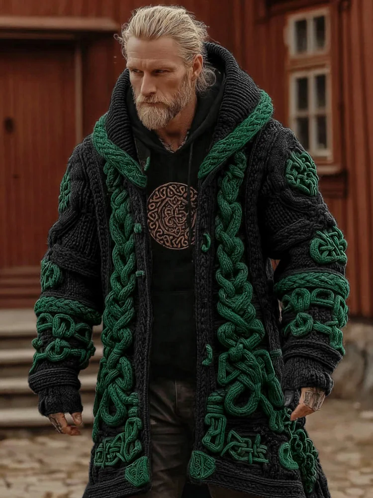 Men's Viking Celtic Geometry Pattern Art Knitted Hooded Cardigan