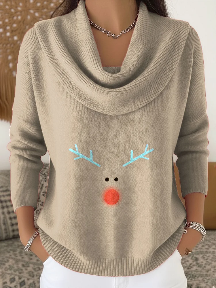 Women's Christmas Deer Pattern Art Print Cowl Neck Sweater