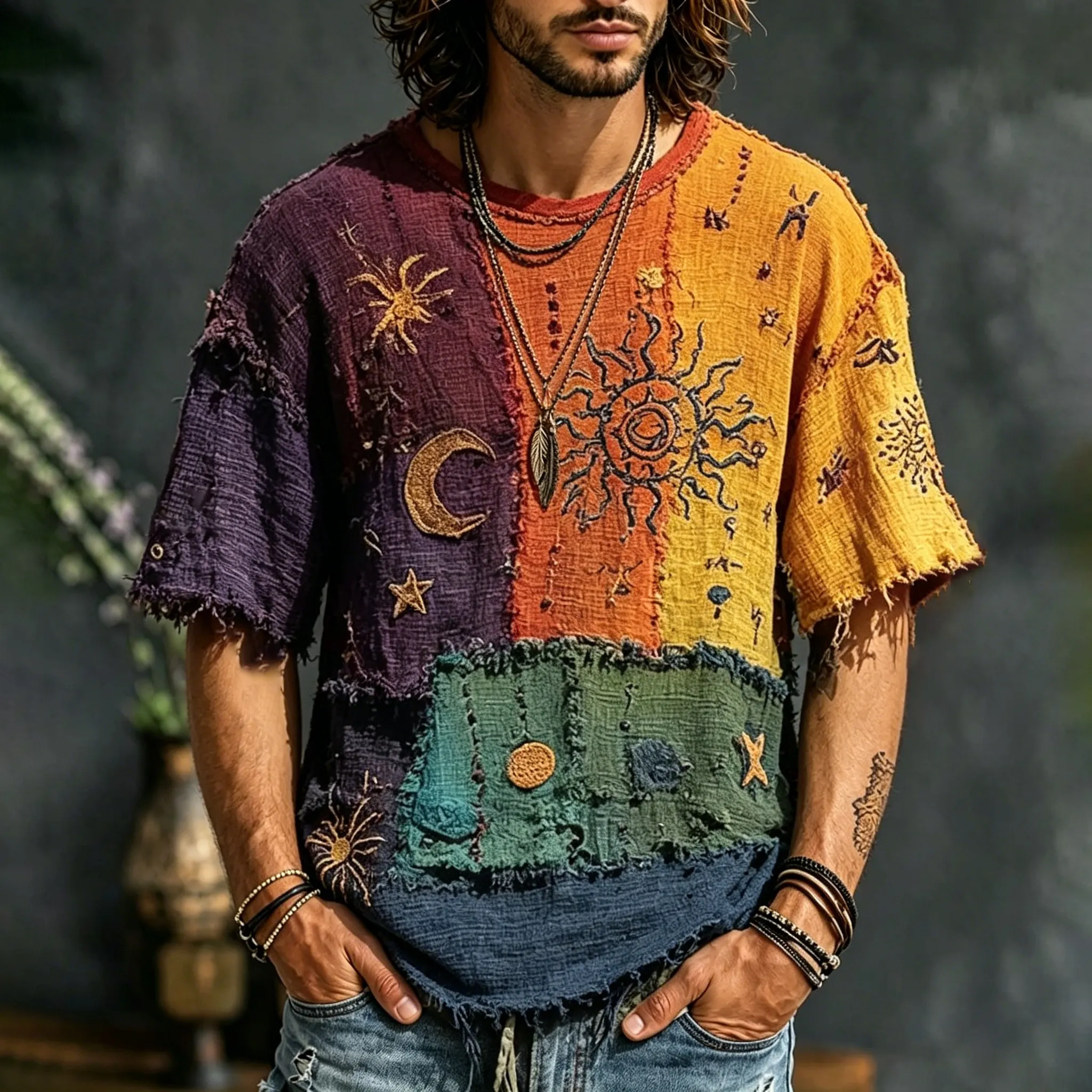Comstylish Men's Hippie Patchwork Sun Moon Elements Print T-shirt