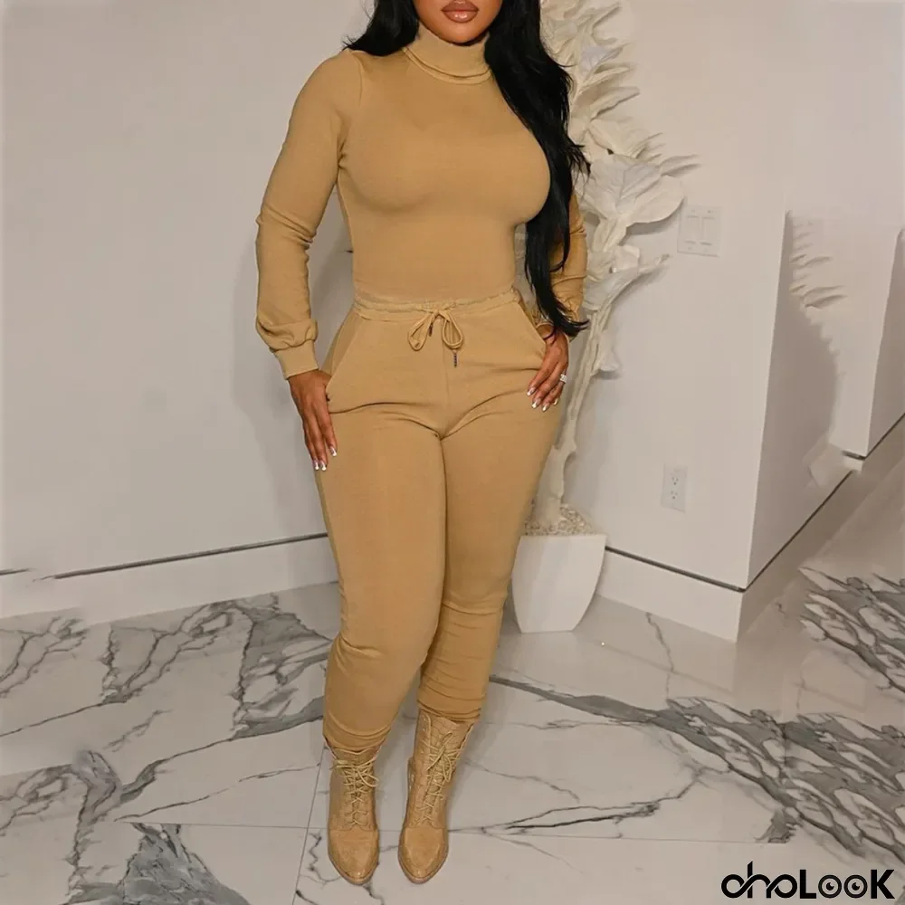Plus Size Women Turtleneck Long Sleeve Top And Pant Two Piece