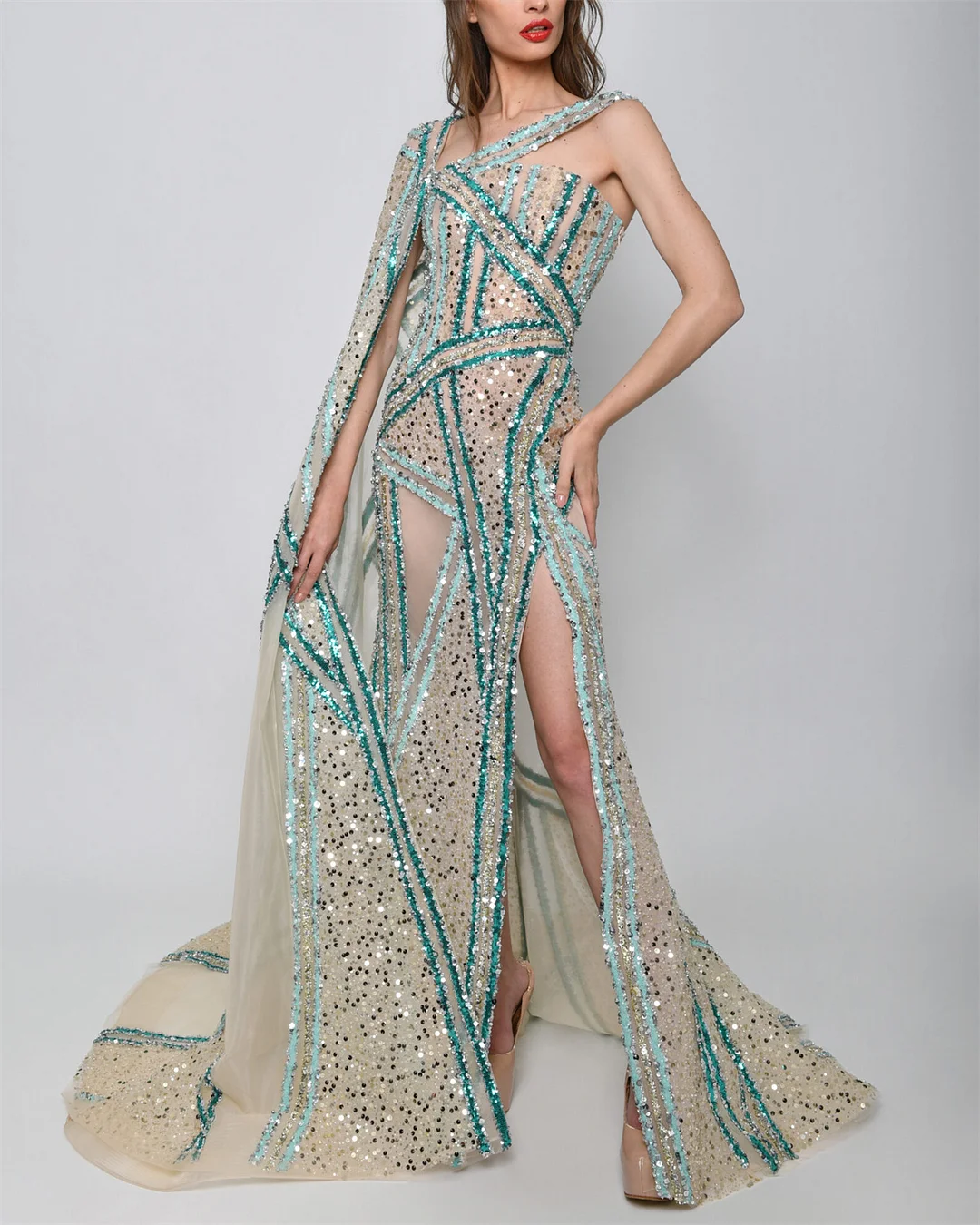 Women's Shawl Slit Sequined Evening Dress