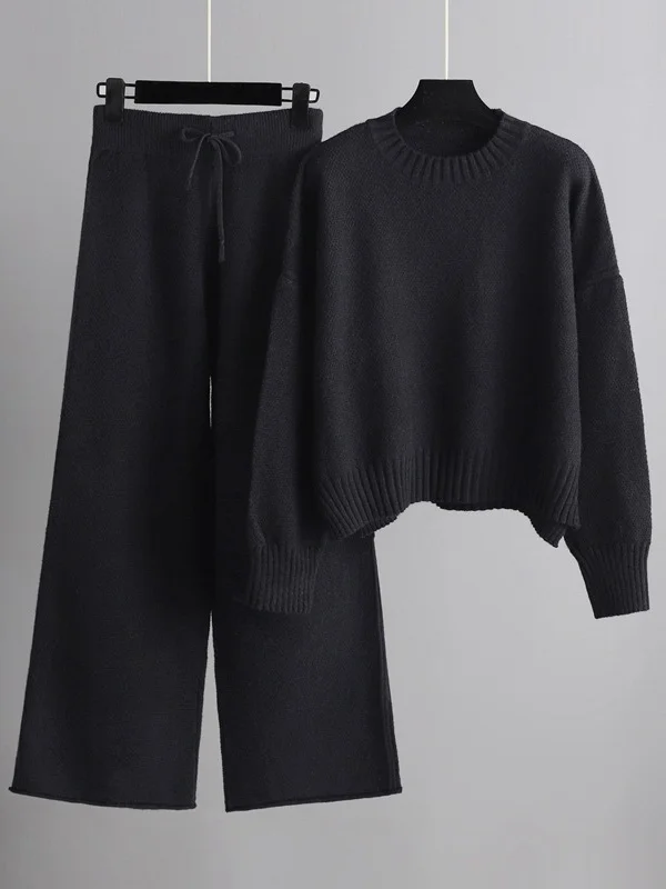 Stylish Loose High-Low Long Sleeves Solid Color Round-Neck Sweater Tops& Wide Leg Pants Two Pieces Set