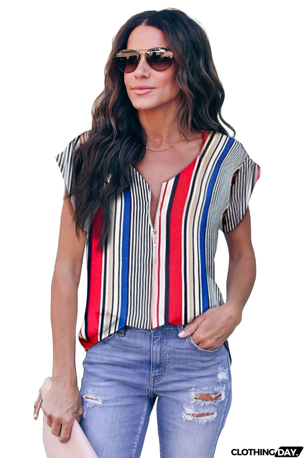 V Neck Stripes Roll up Short Sleeve Zip Up Blouse