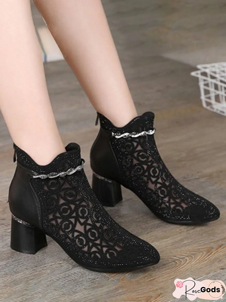 Rhinestones Mesh Cutout Piece Chunky Heel Pointed Toe Booties