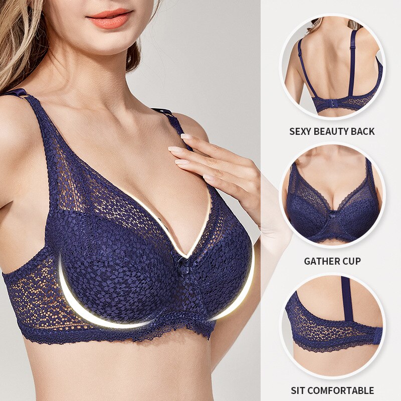 Bras-Adjustable Thin Big Breast Show Little European and American Style Push up Women's Large Size Lace Steel Ring Bra-Bras