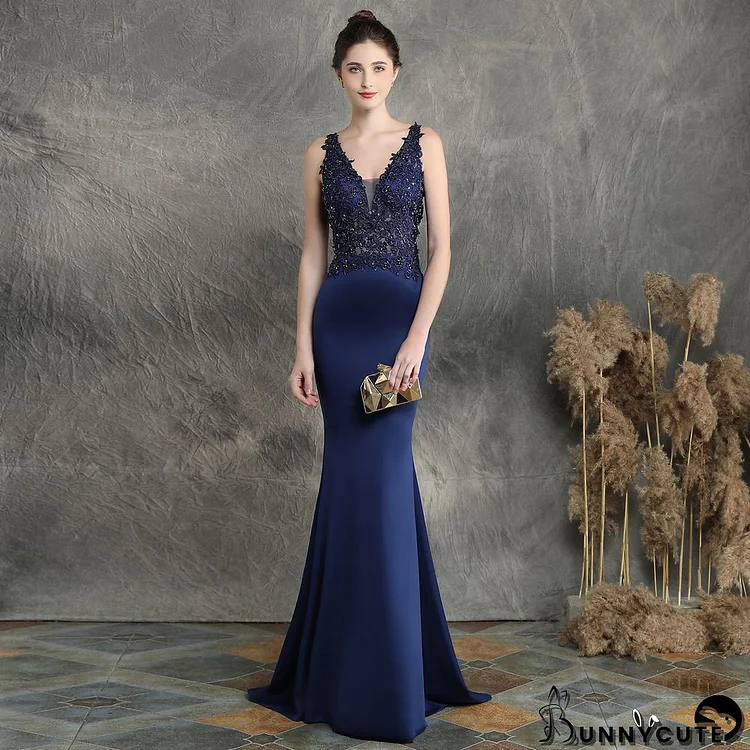 Women Elegant Appliquéd Beaded Formal Party Maxi Mermaid Evening Dress