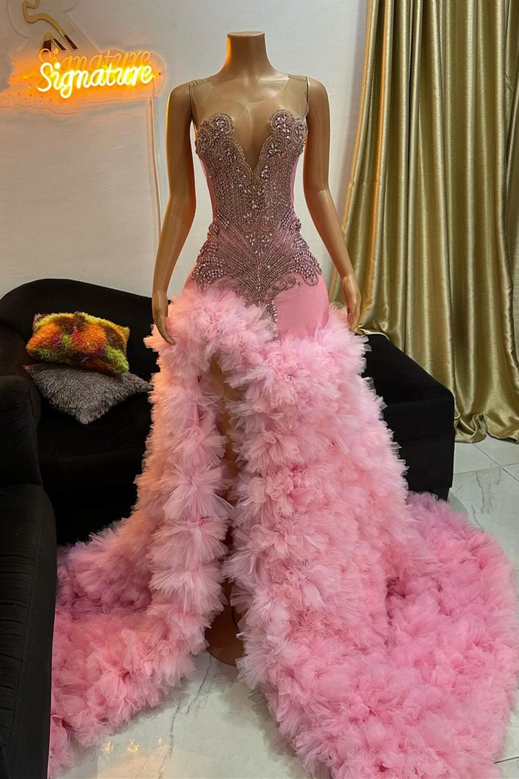 Dresseswow Pink Sleeveless Scoop Prom Dress Mermaid Long With Split Tulle Ruffles Lace-up Back