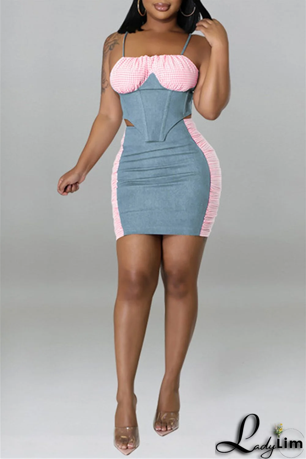 Black Fashion Sexy Plaid Patchwork Backless Asymmetrical Spaghetti Strap Sleeveless Two Pieces