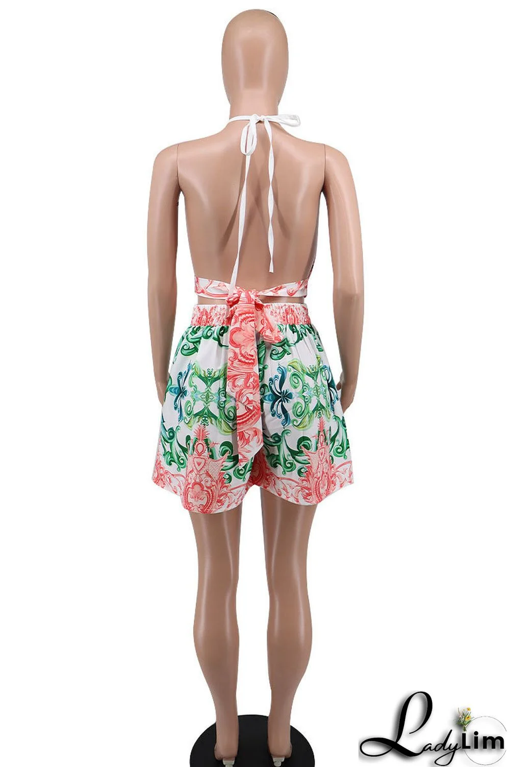 Blue Fashion Sexy Print Bandage Backless Halter Sleeveless Two Pieces