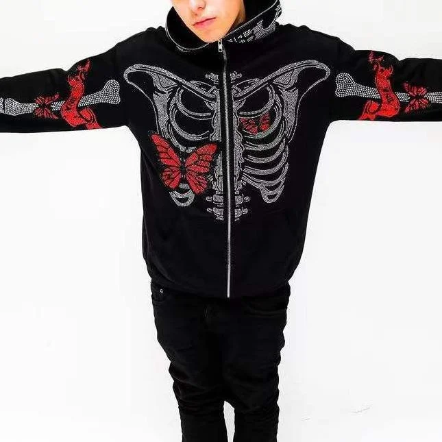 Rhinestone Skeleton Butterfly Men's Streetwear Oversized Full Zip Up Hoodie at Hiphopee