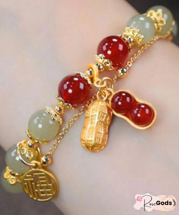 Stylish Red 18K Gold Jade Peanuts Tassel Charm Bracelet