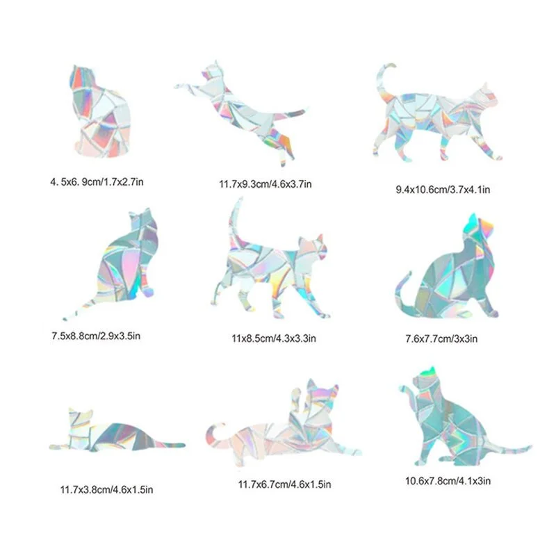 9pcs Electrostatic Glass Stickers Cat Hummingbird Trumpet Rainbow Prism PVC Glue-free Window Film Removable Glass Window Grilles