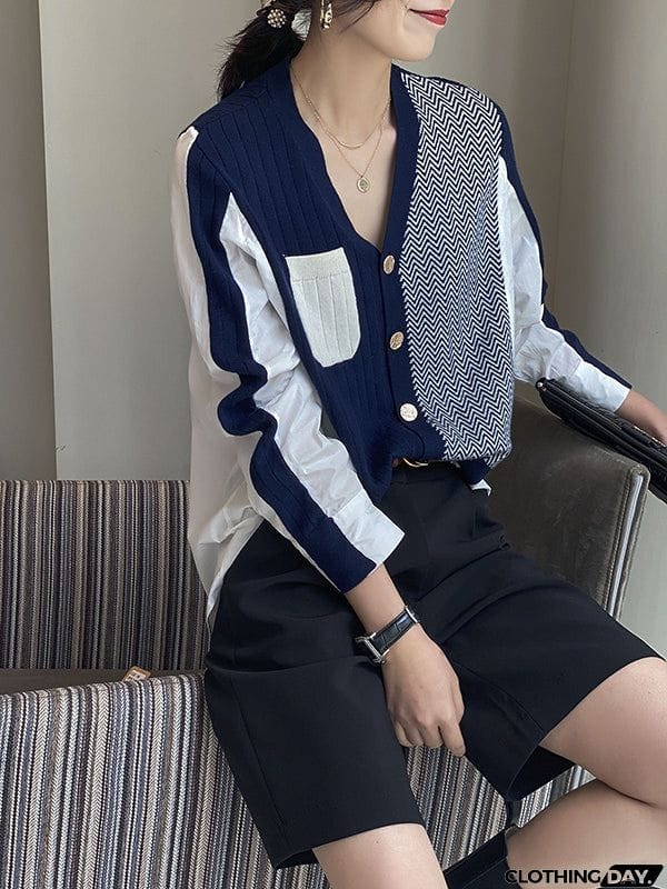 Urban Long Sleeves Contrast Color Split-Joint V-Neck Cardigan Tops