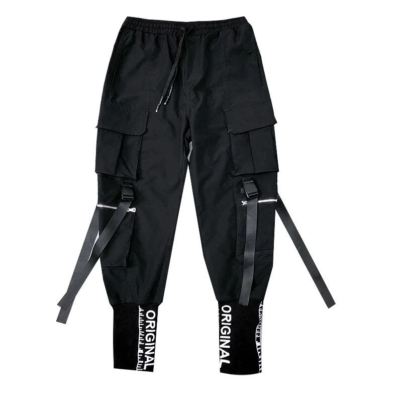 Wongn Hop Men Ribbons Cargo Pants Fashion Harajuku 2022 New Elastic Waist Casual Streetwear Mens Joggers Trousers Black