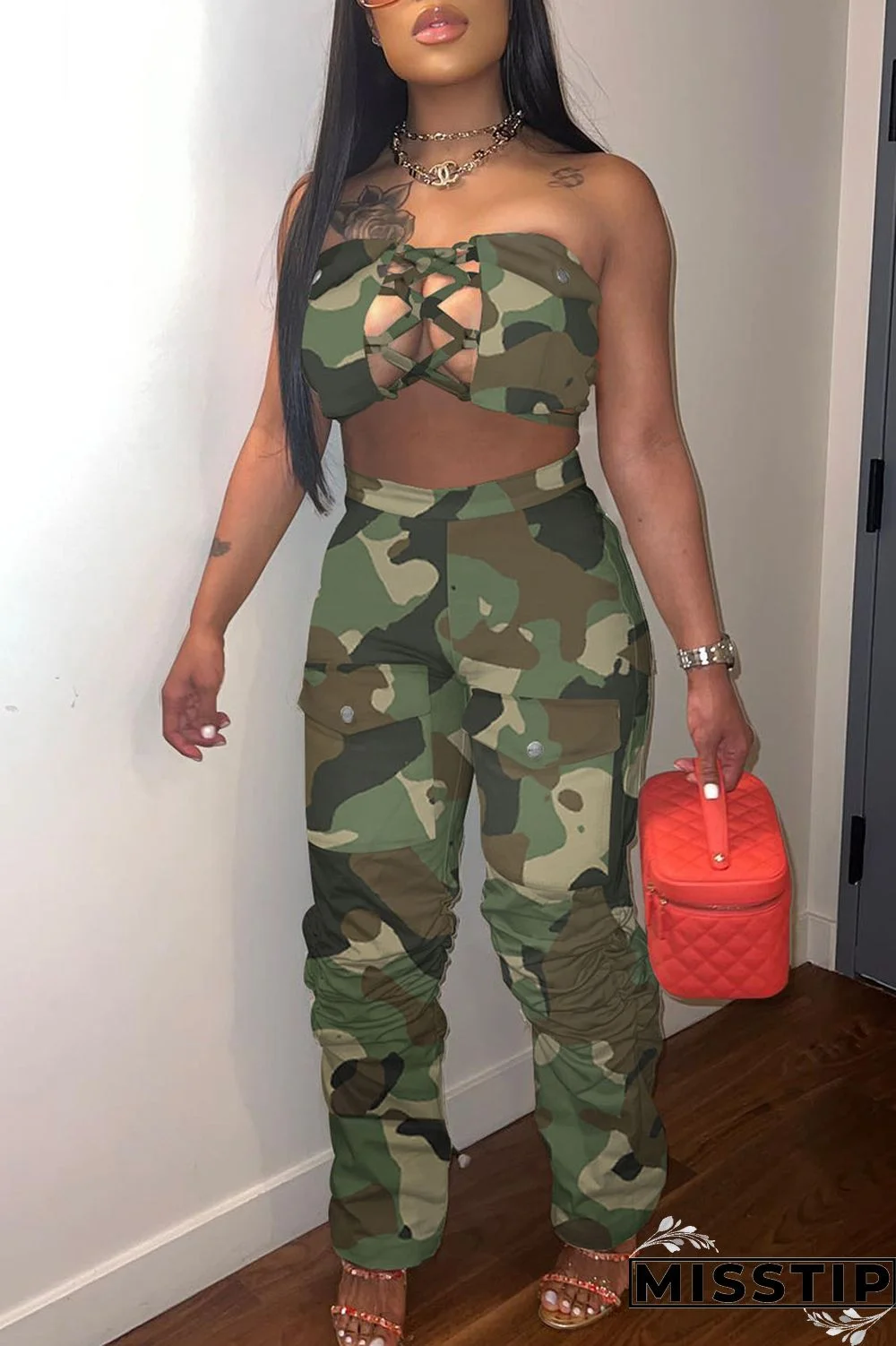 Camouflage Sexy Solid Hollowed Out Patchwork Pocket Strapless Sleeveless Two Pieces