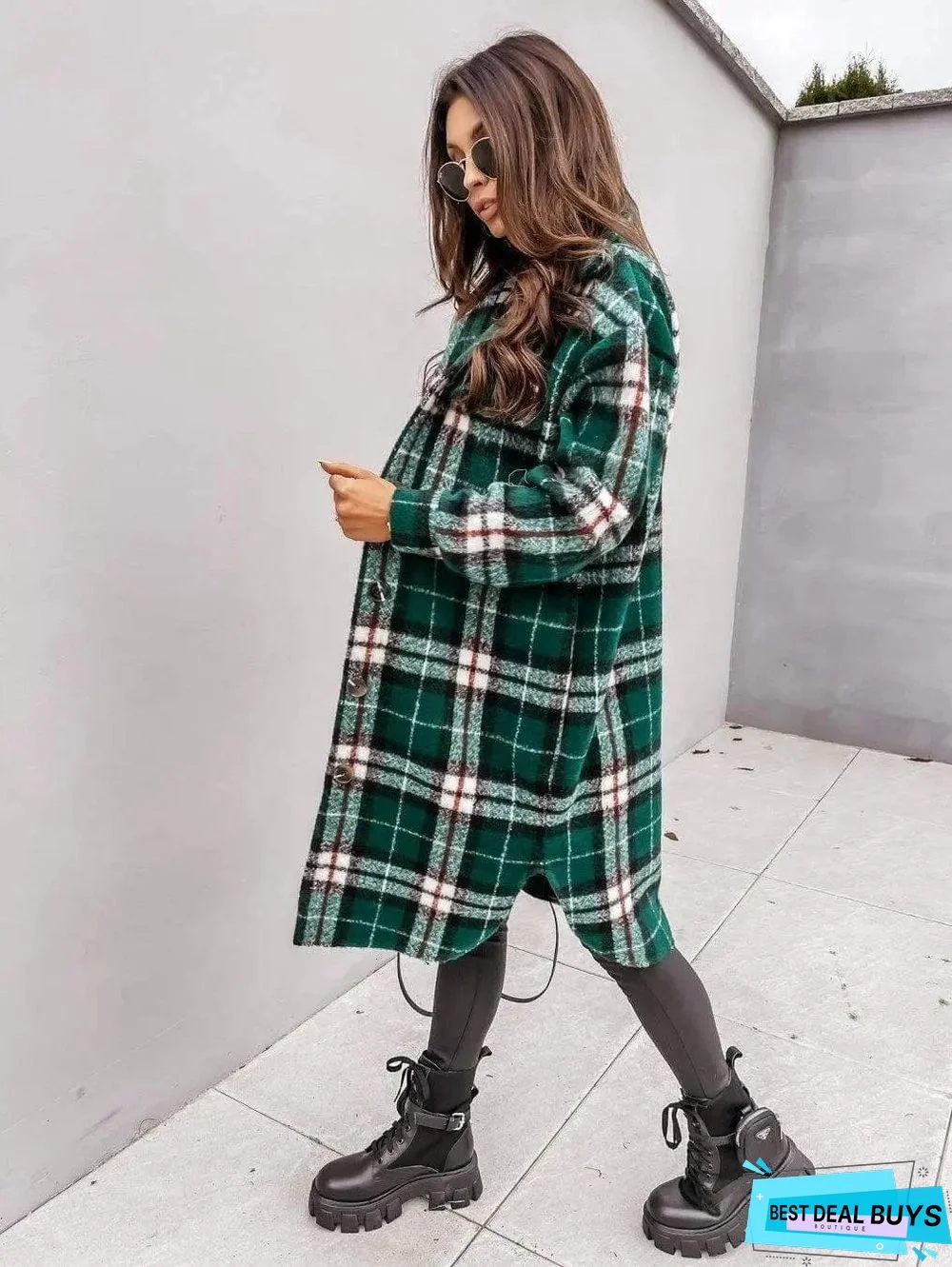 Women's Long-sleeved Plaid Print Mid-length Shirt Jacket