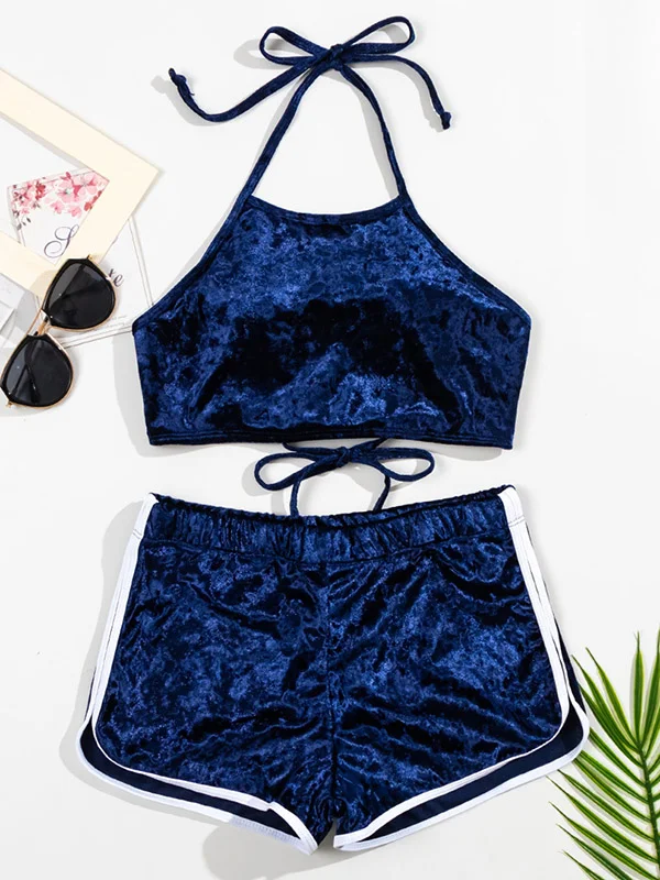 Halterneck Golden Velvet Backless Bralette Boardshort Bikini Swimwear