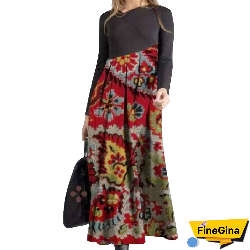 Elegant Pleated Patchwork Floral Print for Women Round Neck Midi Dress Pullover Long Sleeve Dresses Loose Streetwear Vestidos