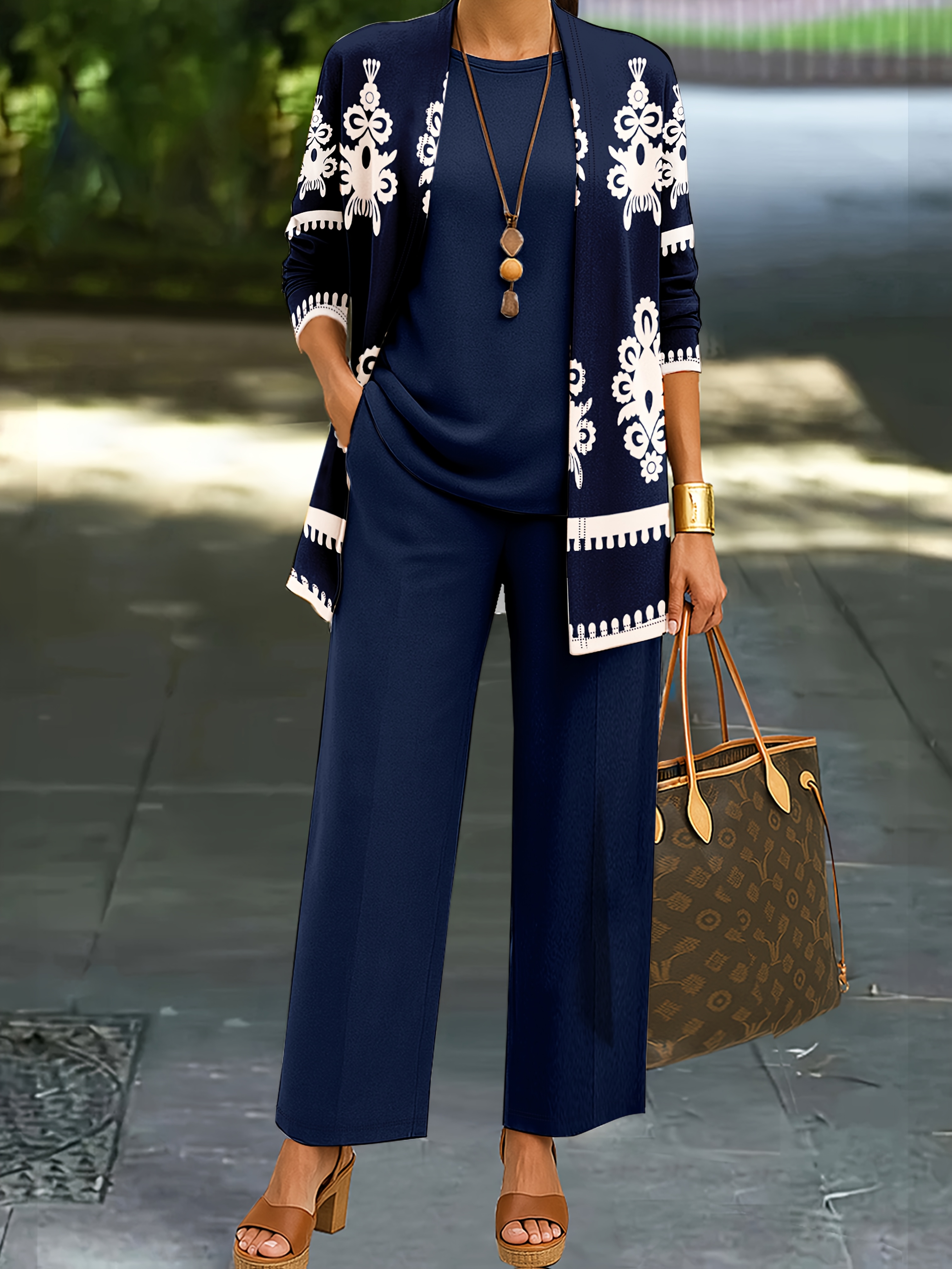 Spring/Summer Three-Piece Color Block Print Set with Long Sleeve Jacket, Vest, and Pants for Women