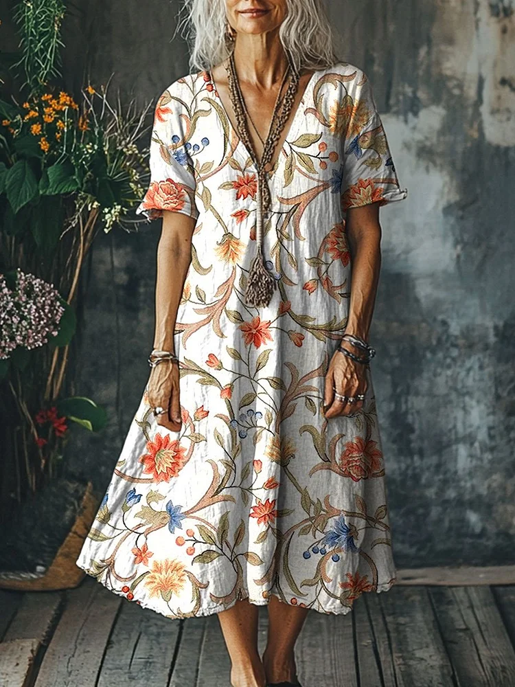 Women's  Flowers Art  Print Pocket Cotton Dress