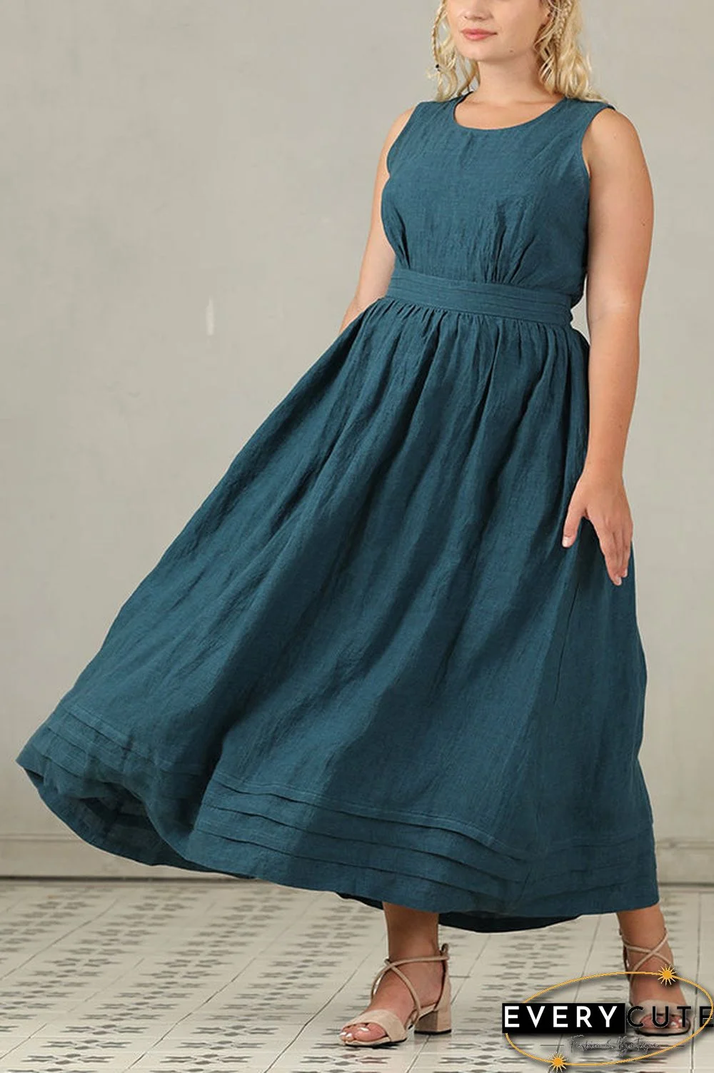 Cross Back O Neck Maxi Linen Dress