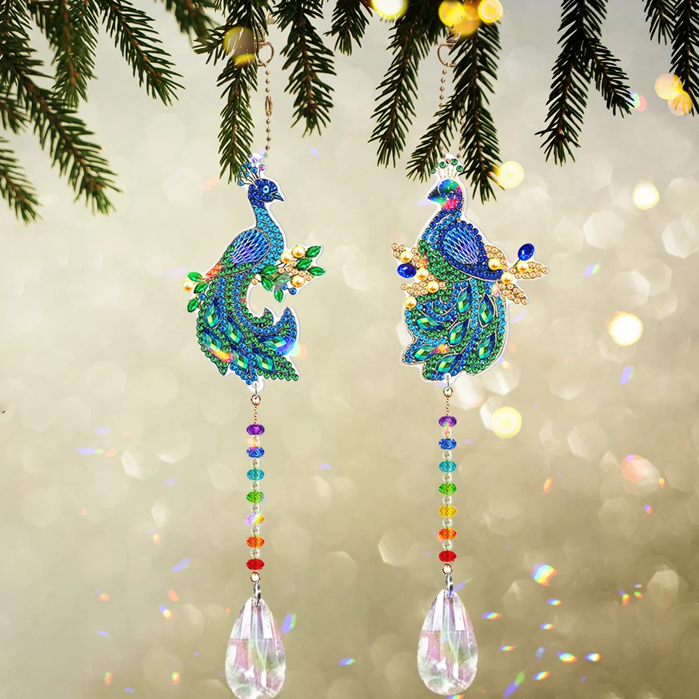 2pcs DIY Diamond Painting Sun Catcher Pendant - Peacock