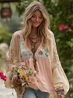 Women's Rose Floral Patchwork Casual Vacation Linen Blend Long-sleeve T-shirt