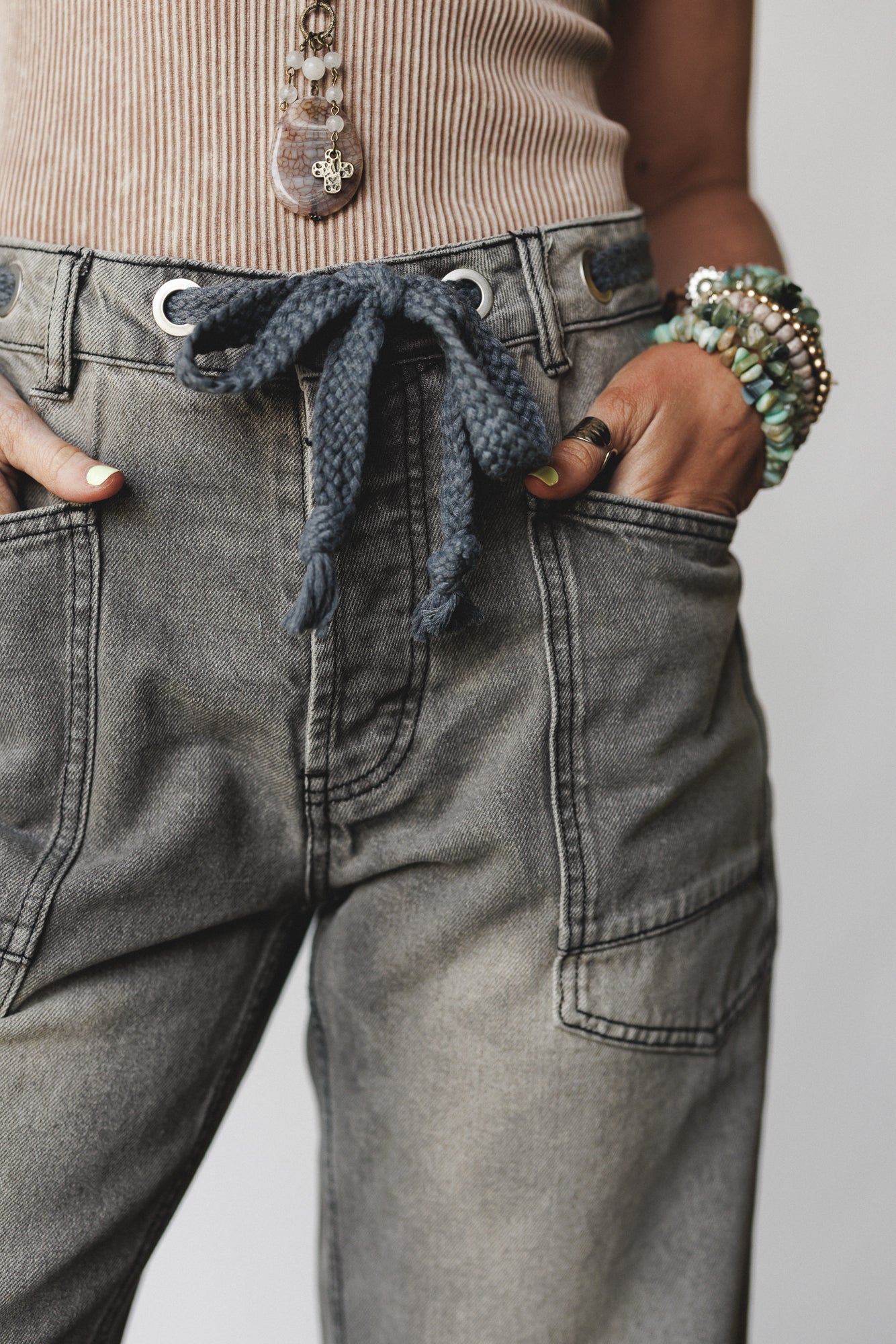Elevated Eyelet Barrel Jeans - Gray Wash