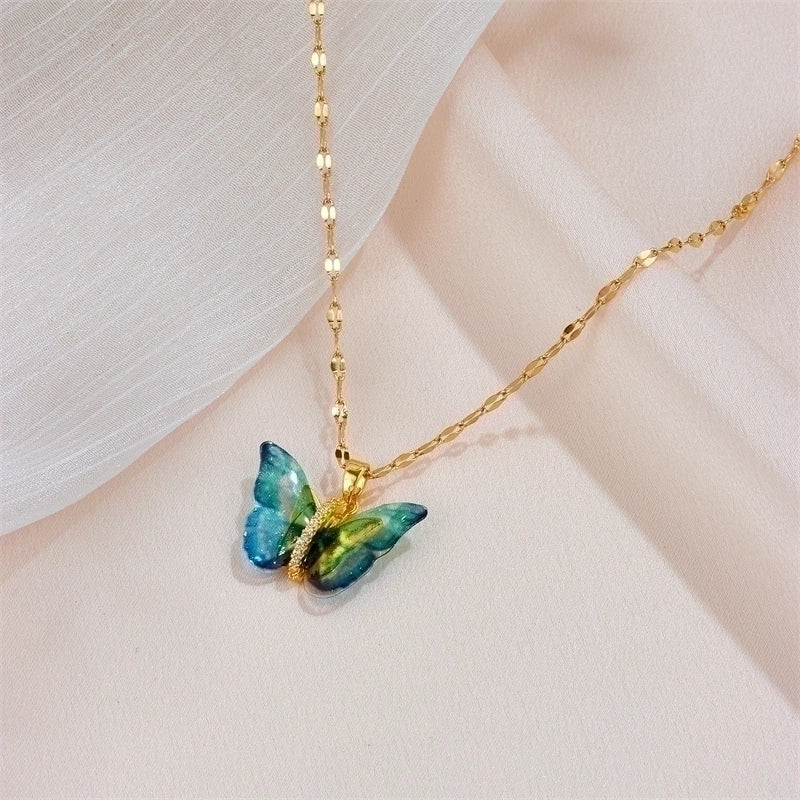 Sweet Butterfly Titanium Steel Inlay Artificial Gemstones Pendant Necklace