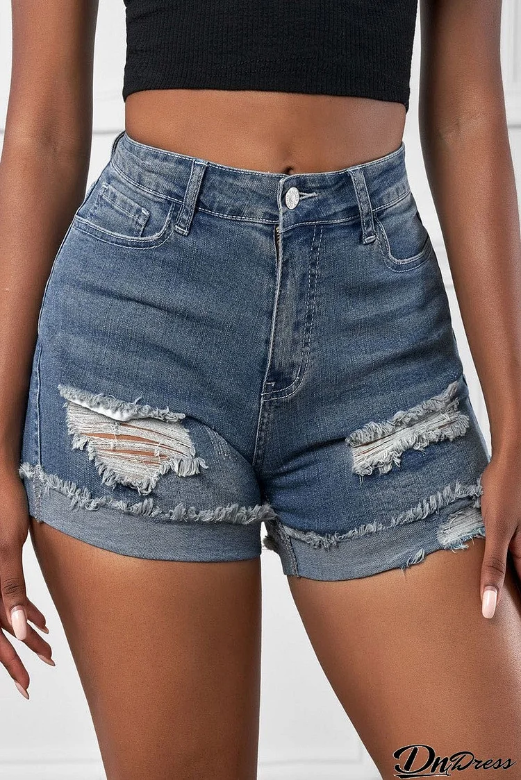 Distressed Ripped Rolled Hem Black Denim Shorts