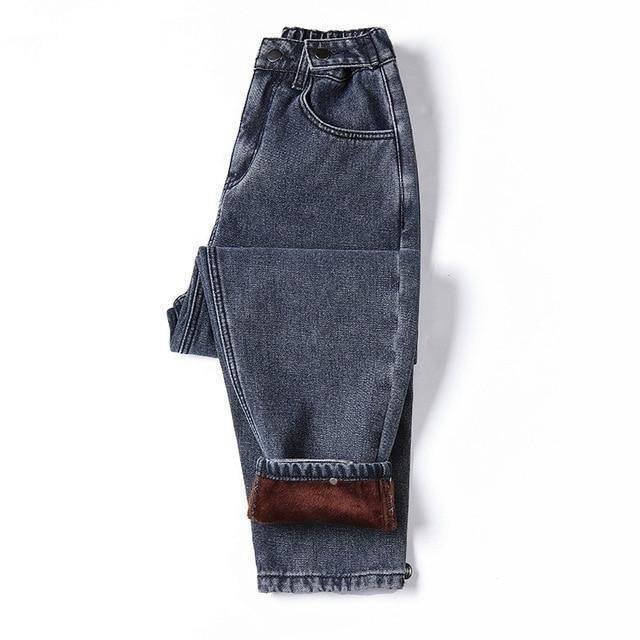 Winter Thick Fleece Warm Loose mom harem pants Jeans Women High waist casual streetwear female blue denim pants Plus size 5XL