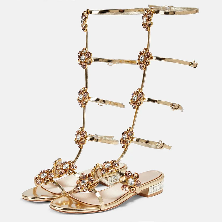 Gold Metallic Low Heels Faux Crystal Flower Decor Gladiator Sandals |FSJ Shoes