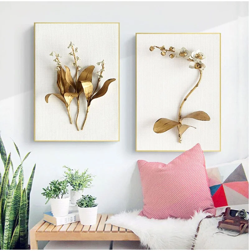 Golden plant leaves and flowers Wall art  canvas painting Wall Pictures for Living Room Nordic Decoration Pictures morden decor
