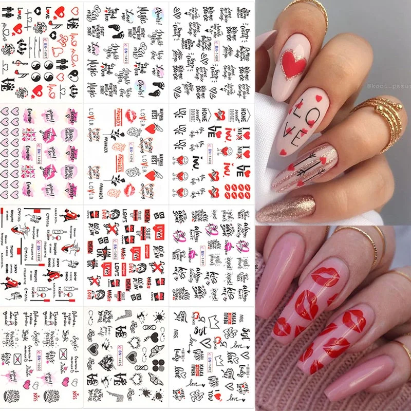12Pcs/Set Heart Shaped Lips Designs Water Decals English Love Letter Stickers For Nails Nail Art Decoration Sliders Manicure DIY