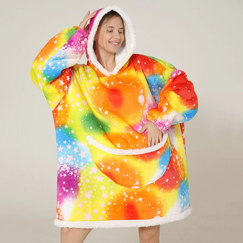 Sherpa Blanket Hoodie Family Oversized Homewear Fleece Warm Thick Girls Sleepwear Cartoon Printed Hoody Sweatshirt TV Blanket