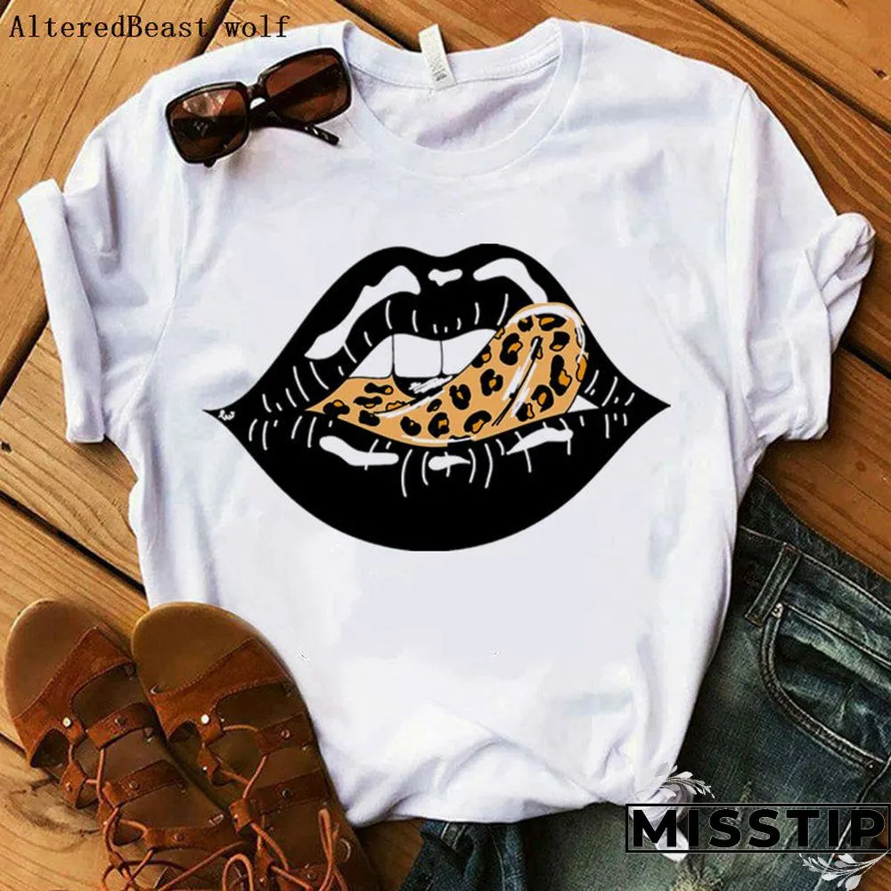 White Fashion Casual Lips Printed Basic O Neck Tops