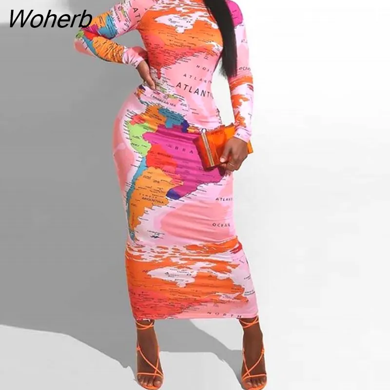 Where Is Robe World Map Woherb Women World Map Printed Slim Maxi Dress Elegant Long Sleeve ...
