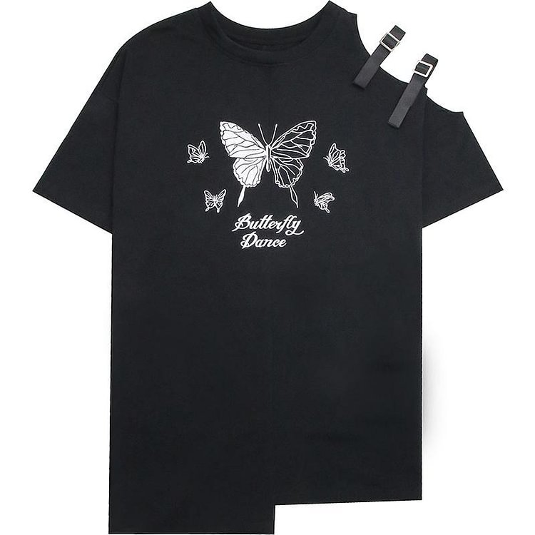 Butterfly Dance Leather Belts Hollow Out Shoulder Irregular T-shirts