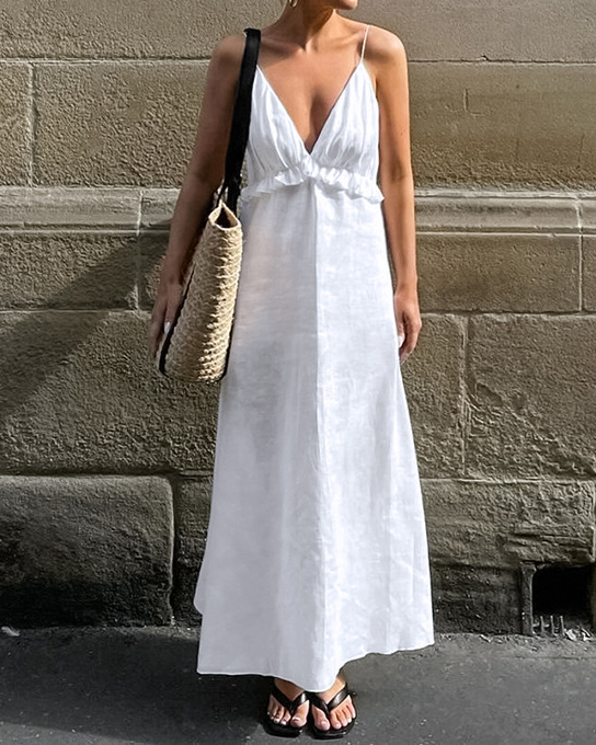 Deep-V Neck Strap Ruffled Cotton Maxi Dress