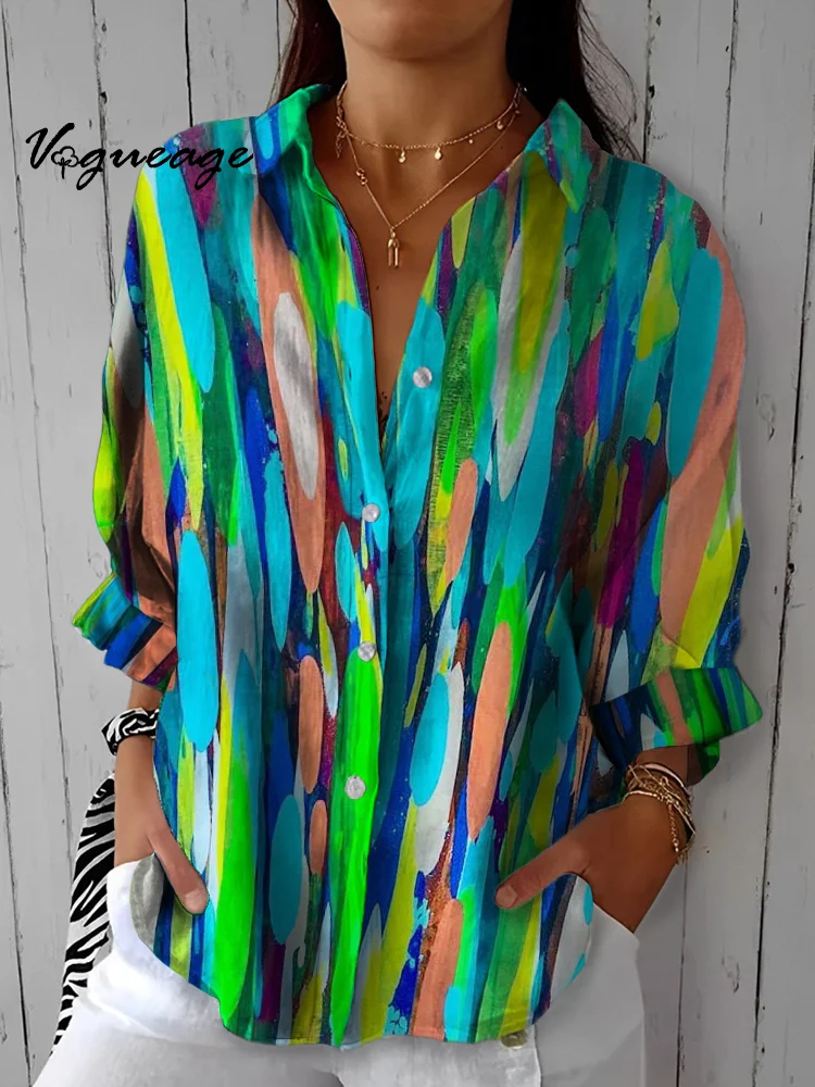 Fashion Bright Color Line Stitching Printed Cotton And Linen Shirt