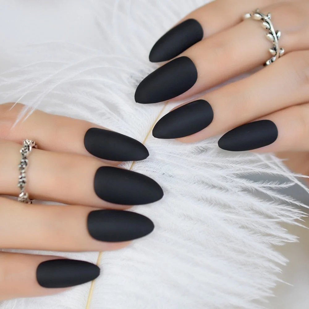 Fashion Matte Press On Nails Cool Black Almond Fake Nail Tips Artificial Manicure Tips Fingernails Easy Use-Nail Inspo