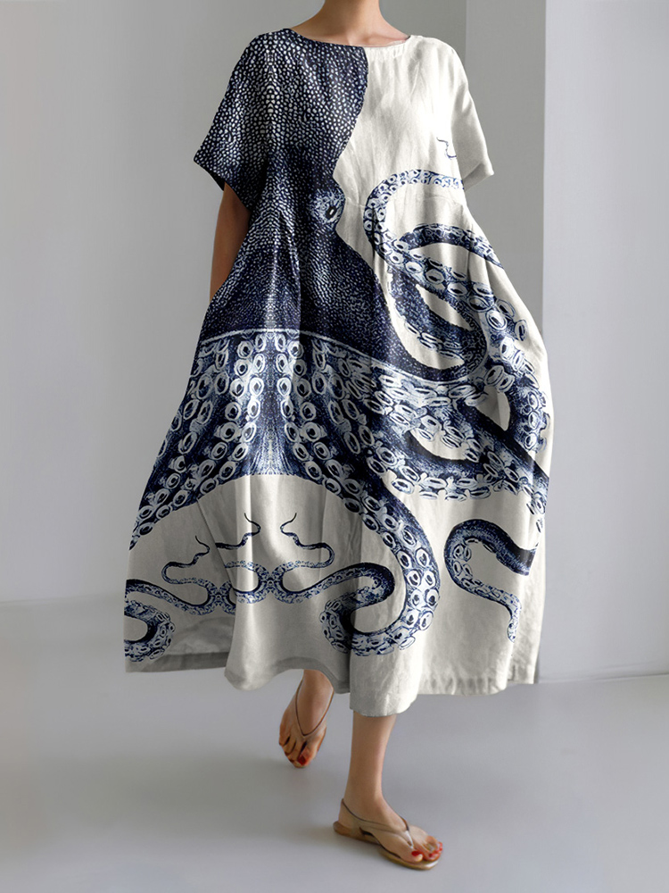 Comstylish Japanese Octopus Art Print Short Sleeve Loose Midi Dress