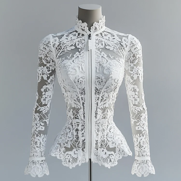 Ursime Lace Floral See-Through Stand Collar Long Sleeve Zipper Jacket