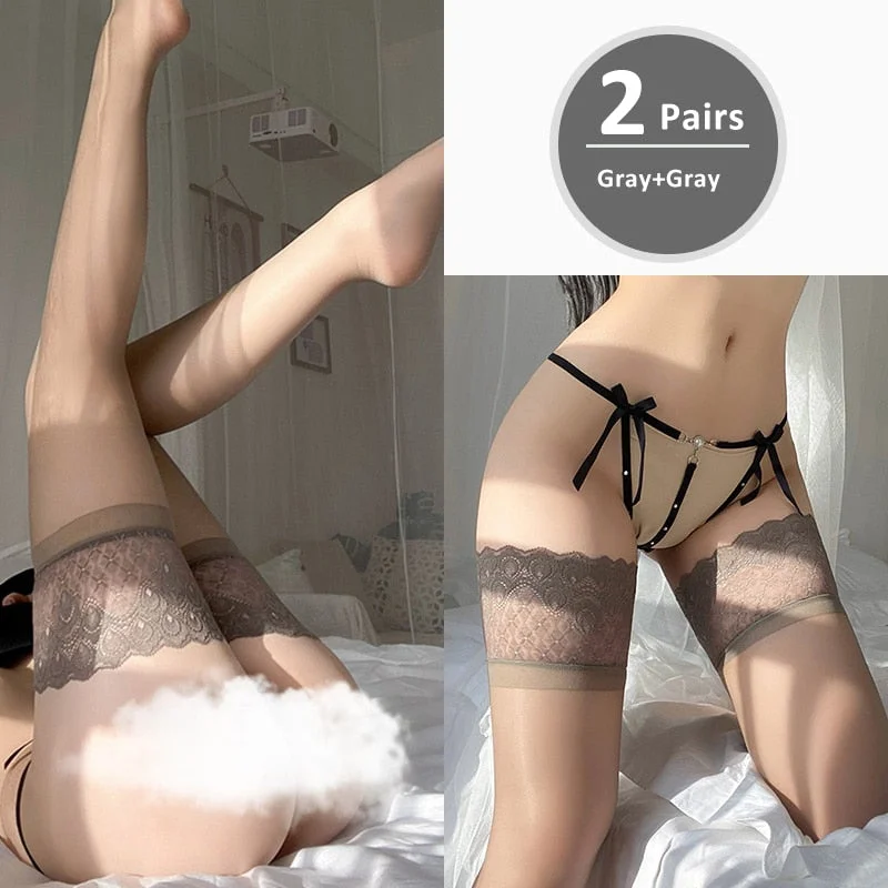 2PCS/Set Sexy Over Knee Peacock Pattern Lace Sheer Stockings Oil Shiny Stretch Thigh High Hold Up Anti Slip Design Fashion 2021