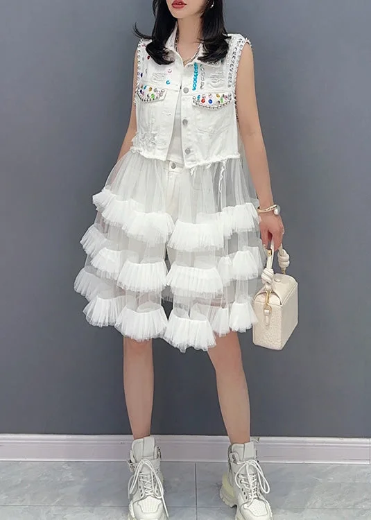 DIY White Peter Pan Collar Print Waistcoat Patchwork Tulle Party Mid Dress Sleeveless