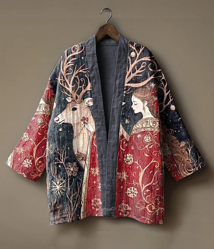 Forest elf girl and deer print linen kimono cardigan