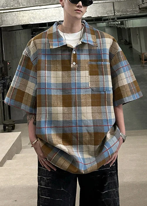 Sleeve Cotton Plaid Men Coffee Button Pullover Loose Shirts Half