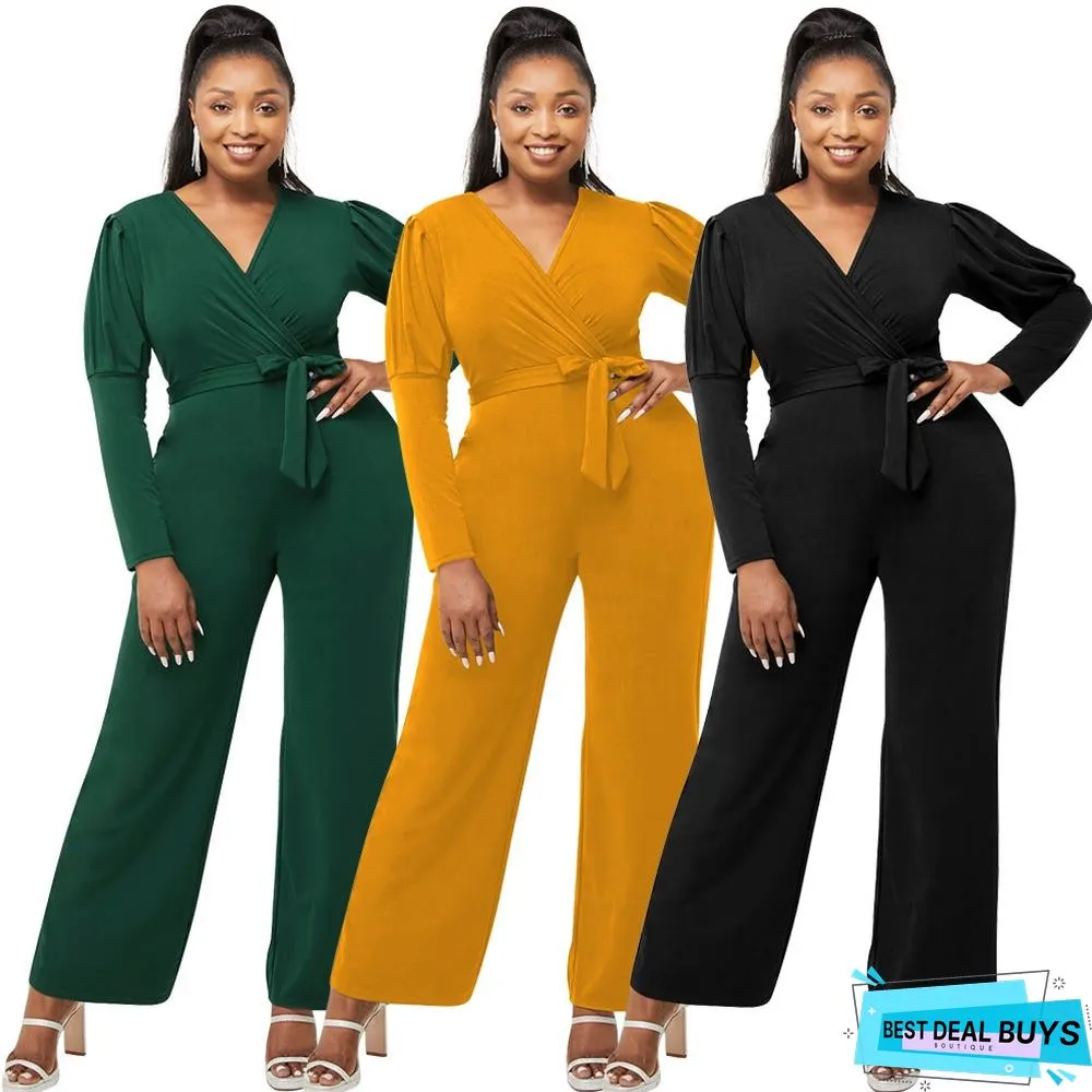 Autumn and Winter Solid Color V-Neck Bubble Sleeve Personalized Casual Wide Leg Jumpsuit